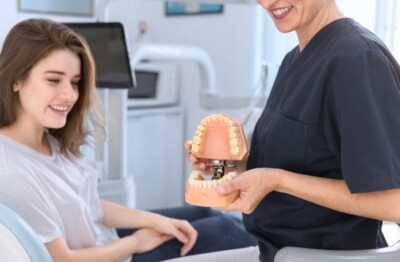 Dentist showing a dental model to a patient
