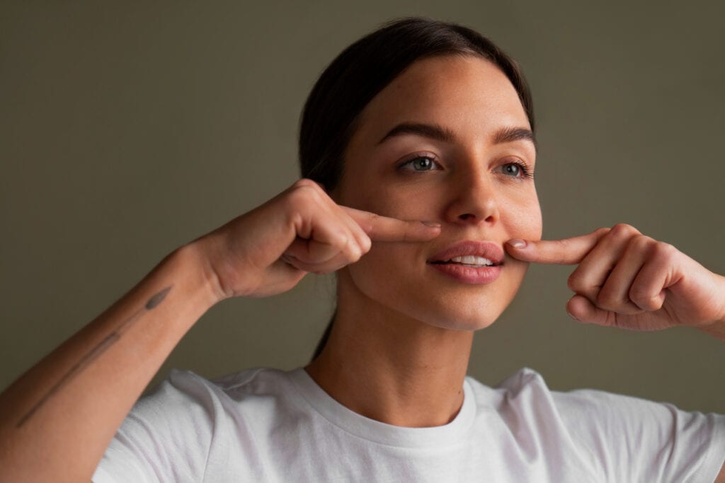 Woman in a white t-shirt practicing facial yoga