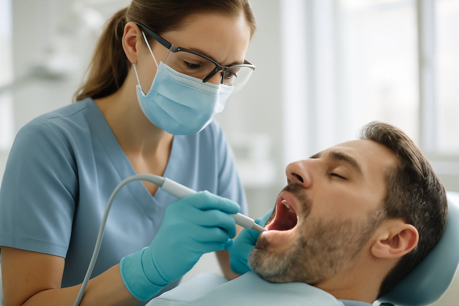 Dental hygienist performing a deep dental cleaning on a patient