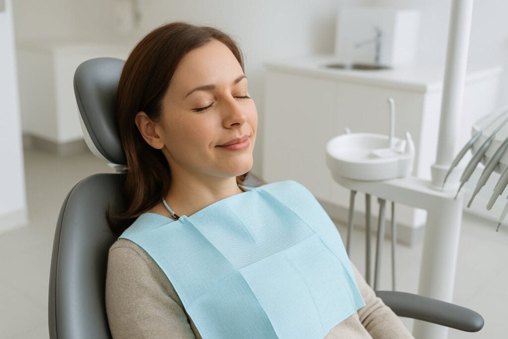 Relaxed patient in a dental chair during a comfortable deep dental cleaning