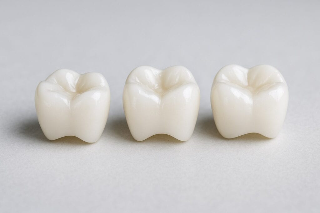 Three ceramic dental crown caps showing dental crown lifespan