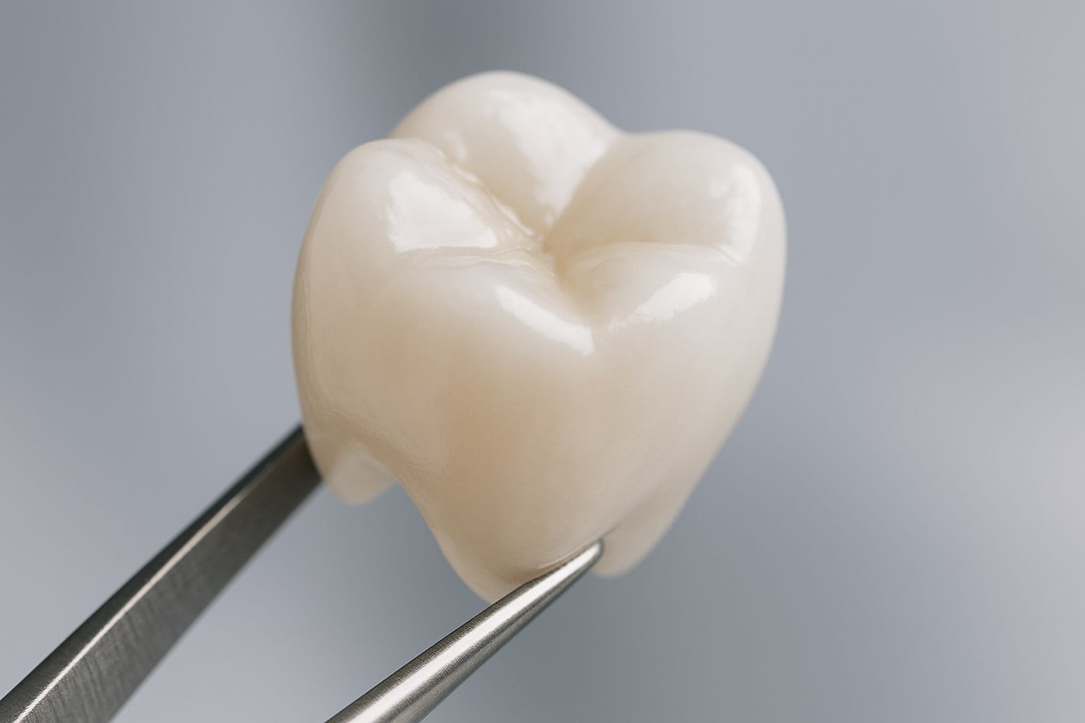 Close-up of a single ceramic dental crown held with dental tweezers