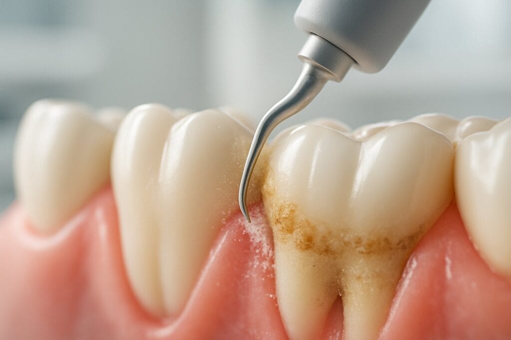 Ultrasonic scaler removing plaque below the gumline during a deep dental cleaning