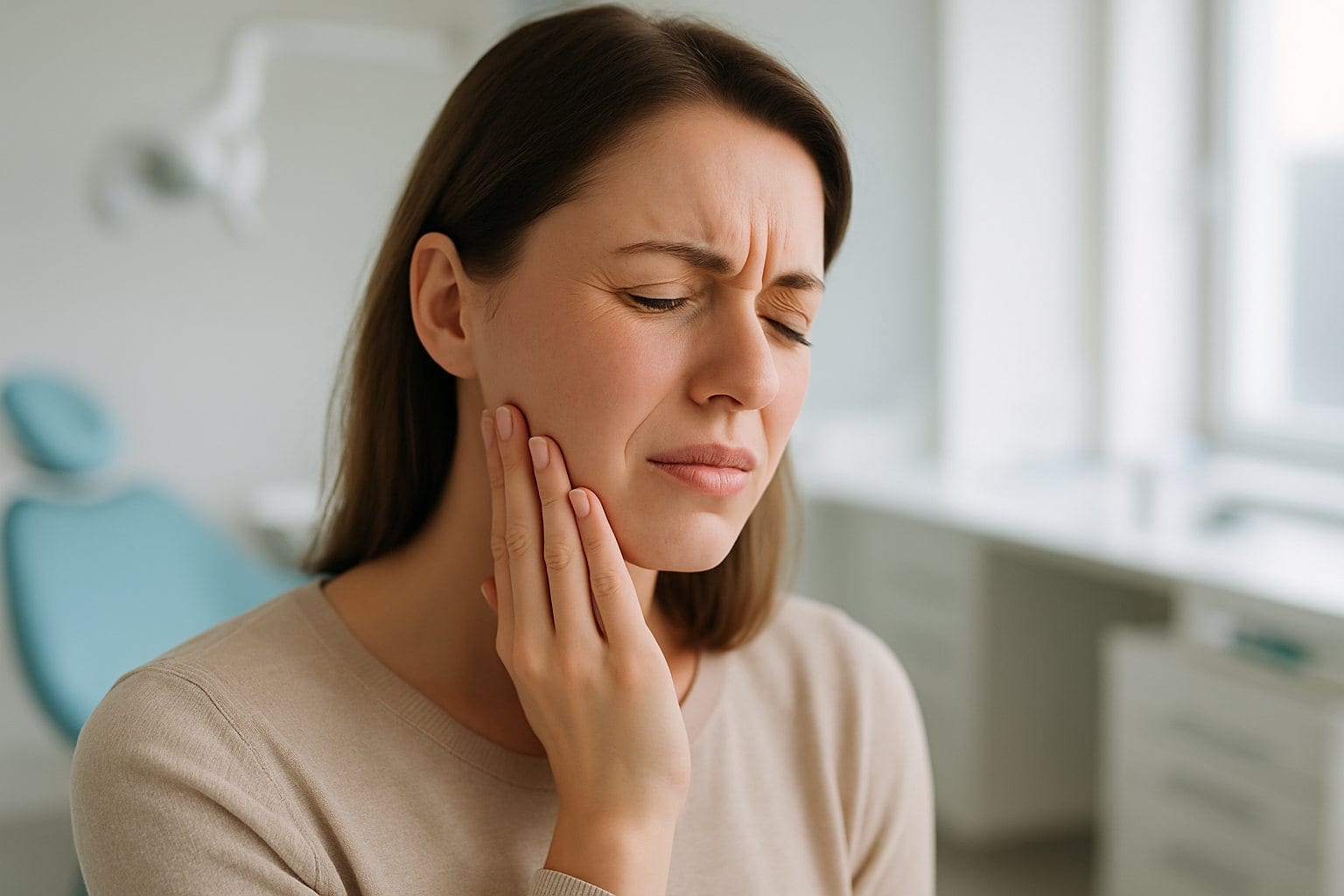 Woman holding her jaw and neck due to TMJ neck pain